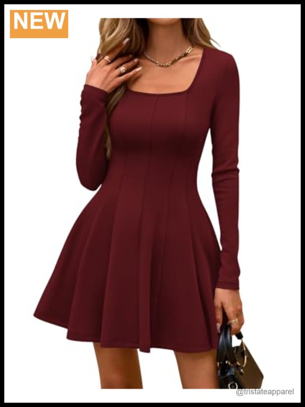 Women's Square Neck Long Sleeve Knit Mini A-Line Dress Casual Party
